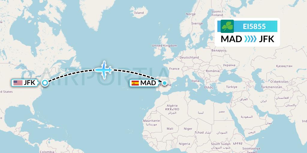 EI5855 Aer Lingus Flight Map: Madrid to New York