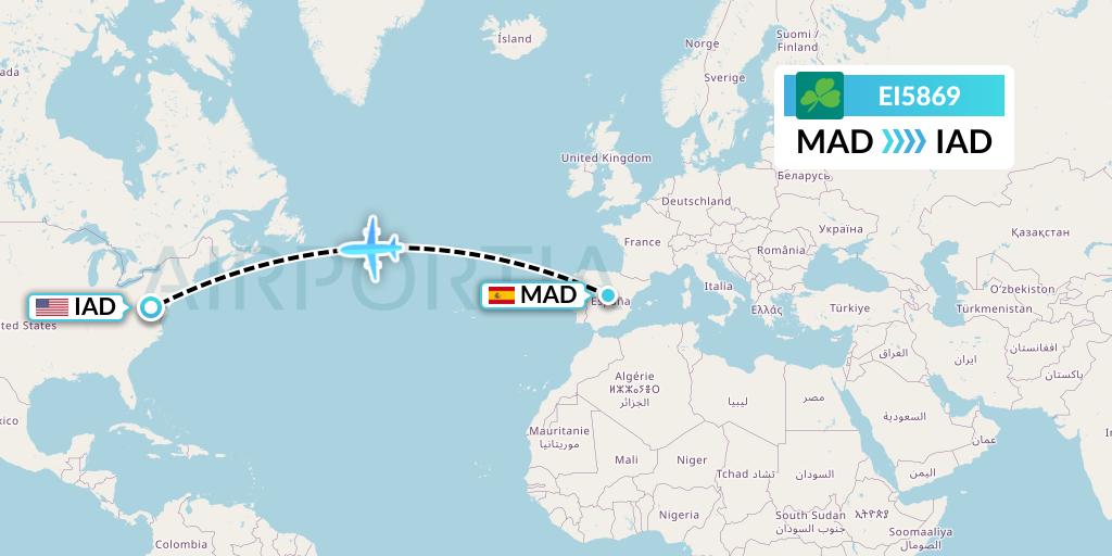 EI5869 Aer Lingus Flight Map: Madrid to Washington