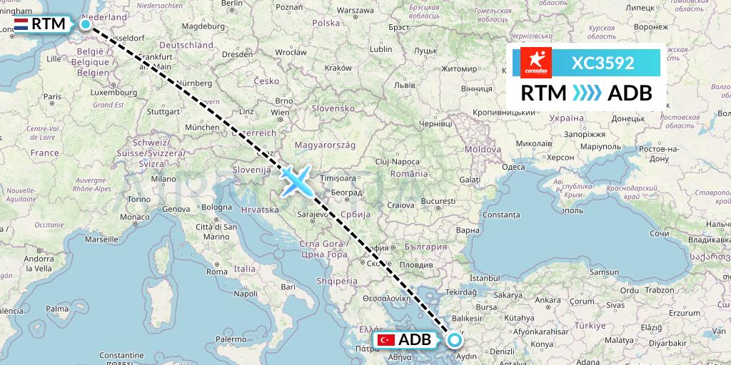 XC3592 Corendon Airlines Flight Map: Rotterdam to Izmir