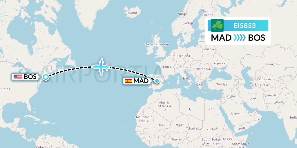 EI5853 Aer Lingus Flight Map: Madrid to Boston