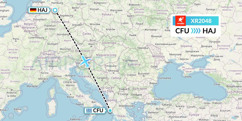XR2048 Corendon Airlines Europe Flight Map: Corfu to Hannover