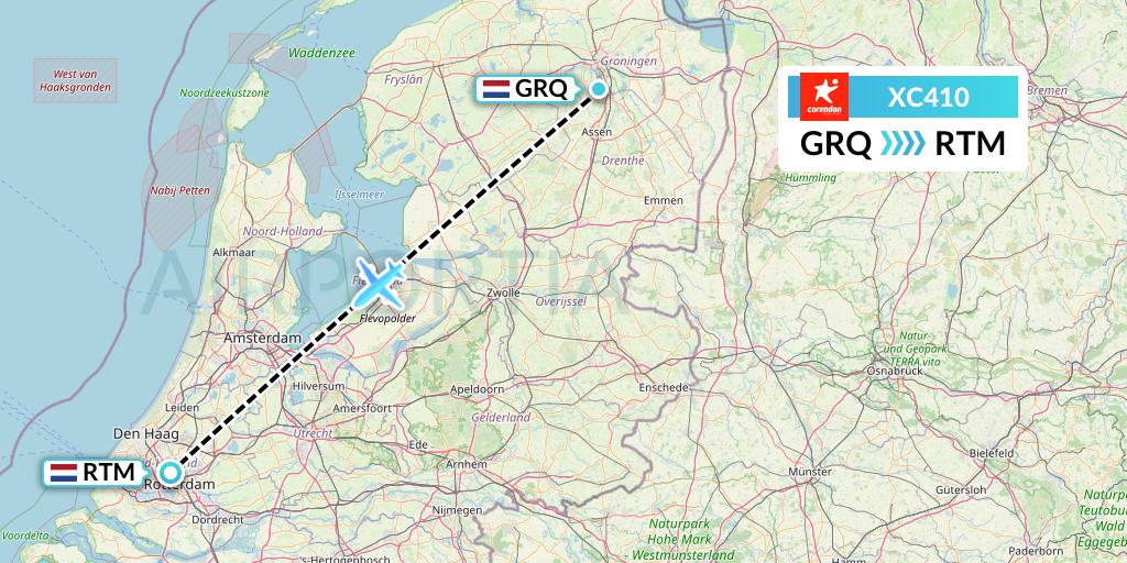 XC410 Corendon Airlines Flight Map: Groningen to Rotterdam