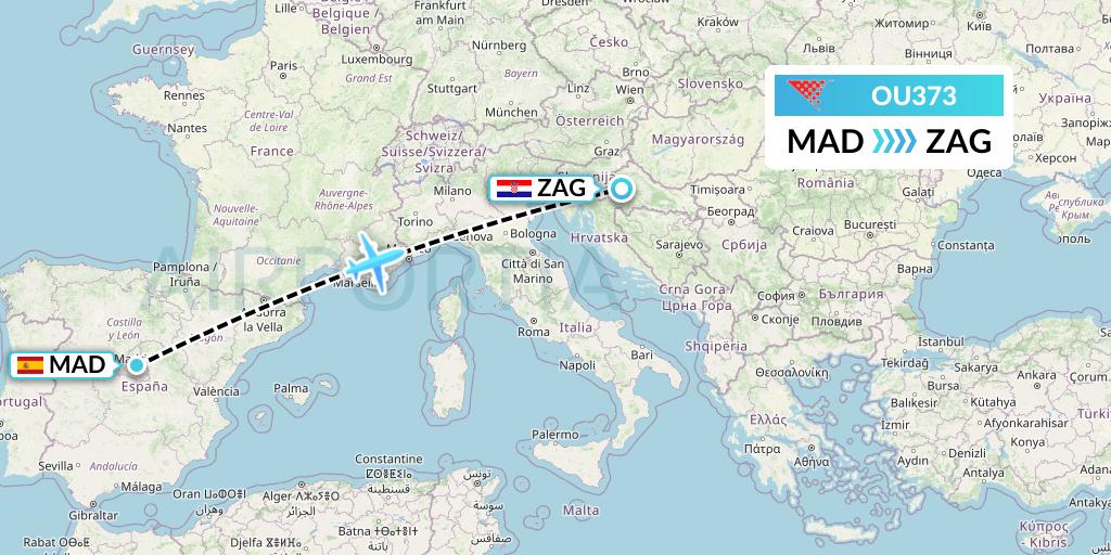 OU373 Croatia Airlines Flight Map: Madrid to Zagreb