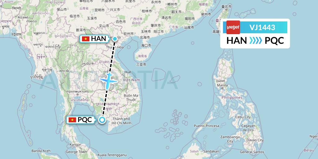 VJ1443 VietJet Air Flight Map: Hanoi to Phu Quoc