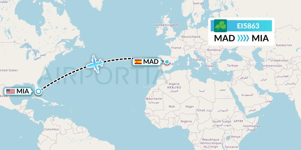 EI5863 Aer Lingus Flight Map: Madrid to Miami