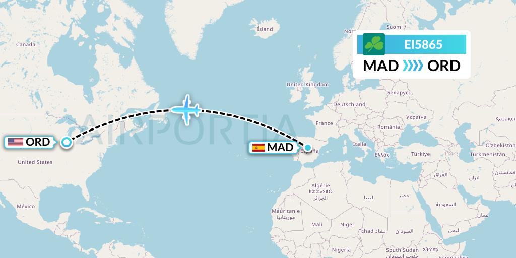 EI5865 Aer Lingus Flight Map: Madrid to Chicago