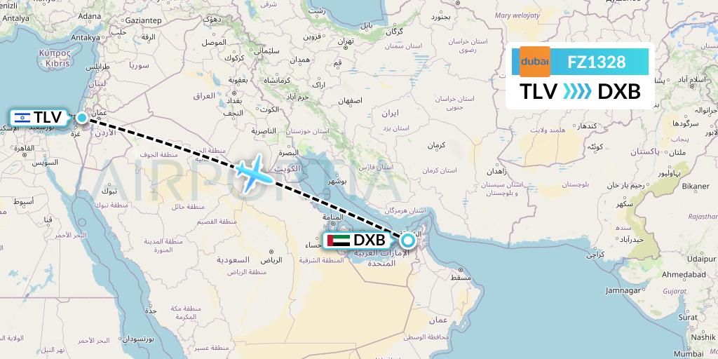 FZ1328 FlyDubai Flight Map: Tel Aviv to Dubai