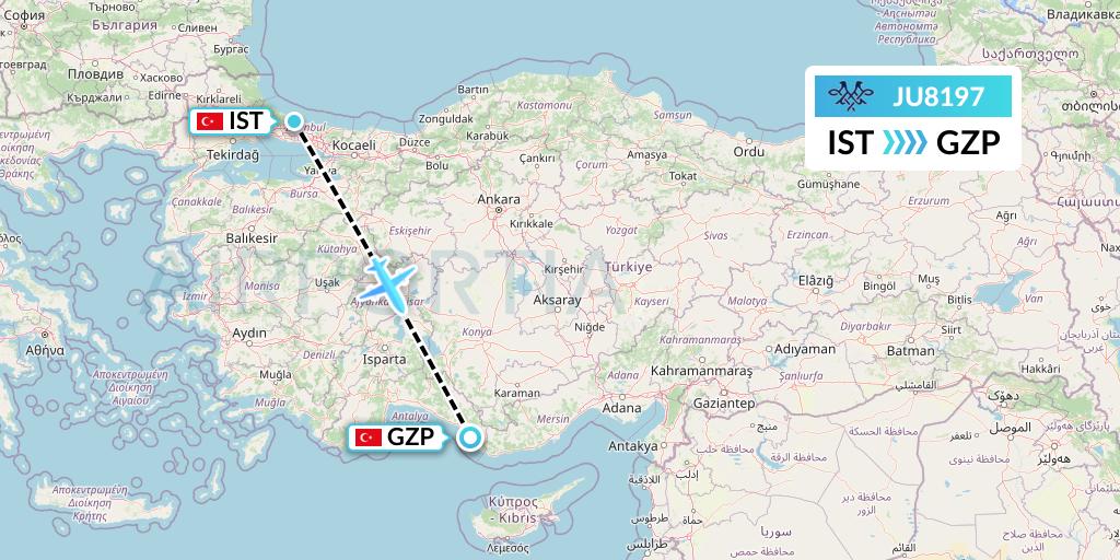 JU8197 AirSERBIA Flight Map: Istanbul to Gazipasa