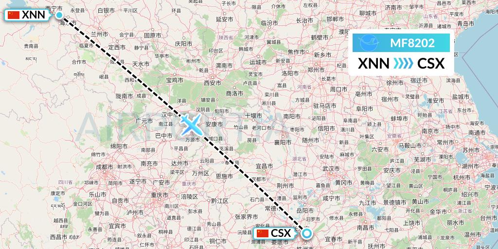 MF8202 Xiamen Airlines Flight Map: Xining to Changsha