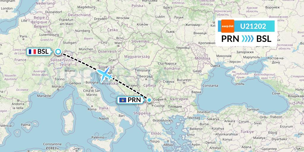 U21202 EasyJet Flight Map: Pristina to Basel
