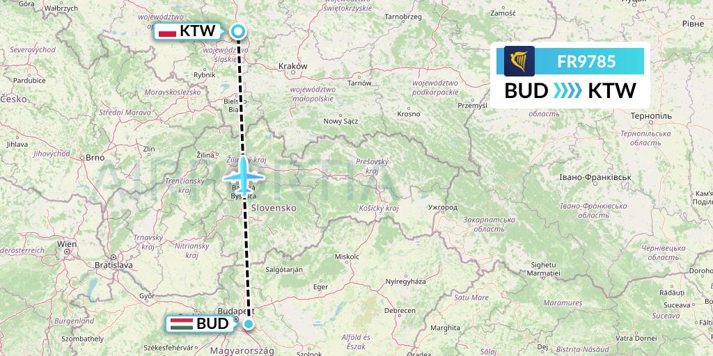 FR9785 Ryanair Flight Map: Budapest to Katowice
