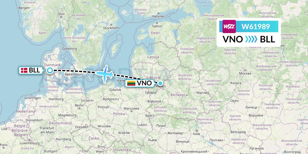 W61989 Wizz Air Flight Map: Vilnius to Billund