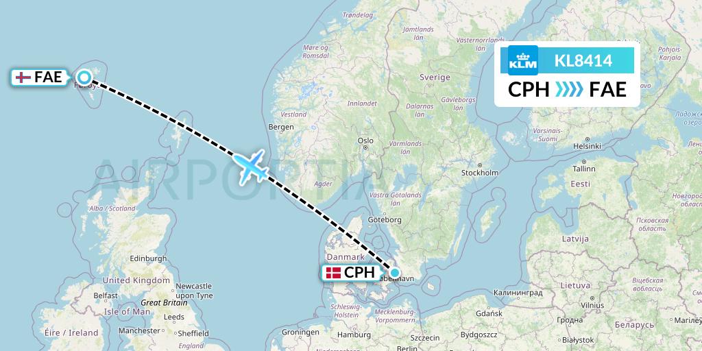 KL8414 KLM Flight Map: Copenhagen to Vagar