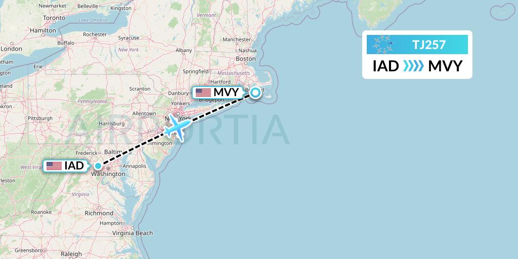 TJ257 Tradewind Aviation Flight Map: Washington to Martha's Vineyard