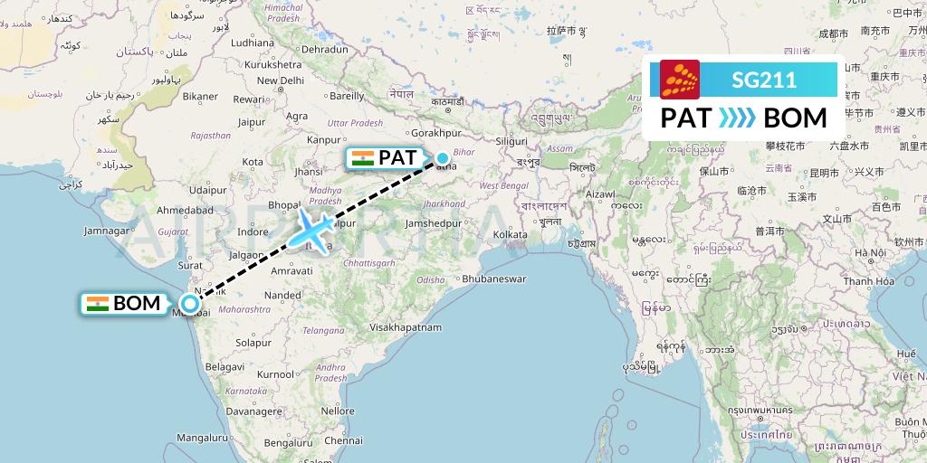 SG211 SpiceJet Flight Map: Patna to Mumbai