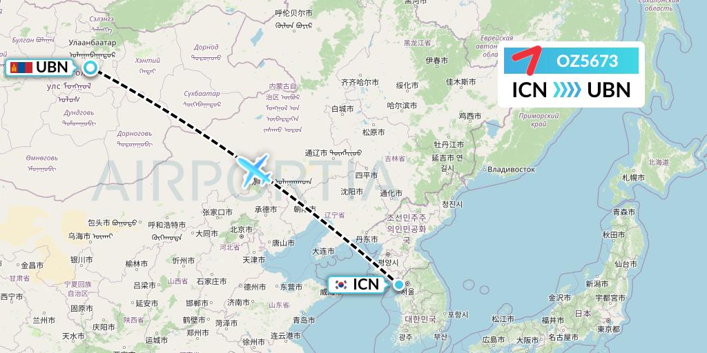 OZ5673 Asiana Airlines Flight Map: Seoul to Ulan Bator