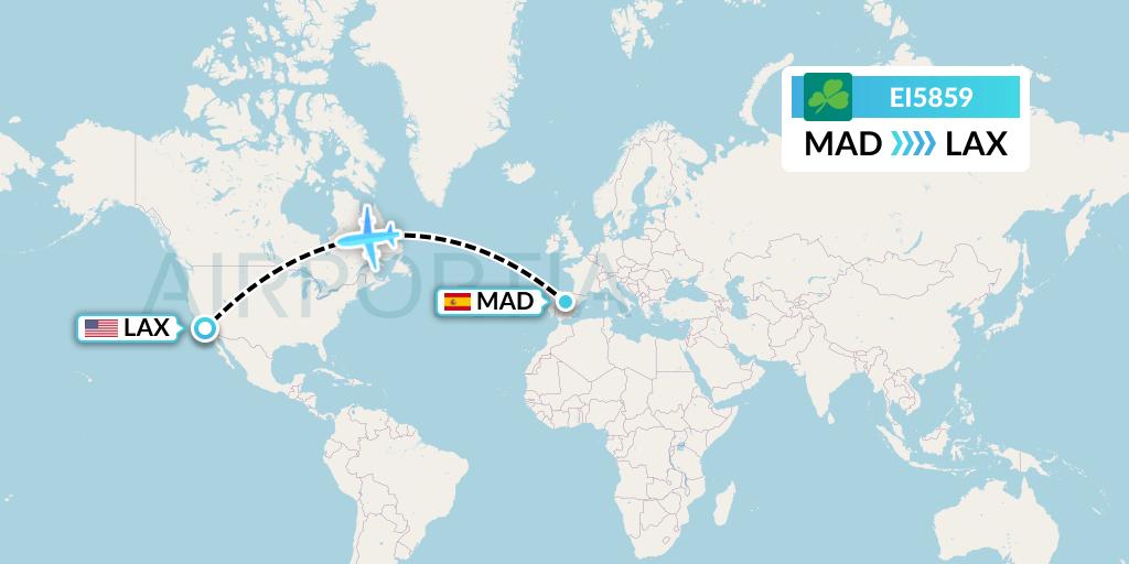 EI5859 Aer Lingus Flight Map: Madrid to Los Angeles