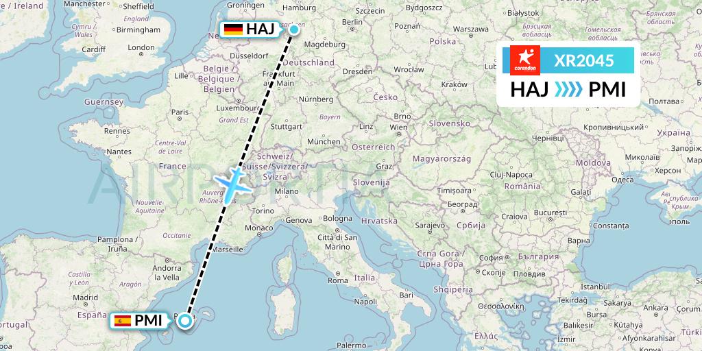 XR2045 Corendon Airlines Europe Flight Map: Hannover to Palma de Mallorca