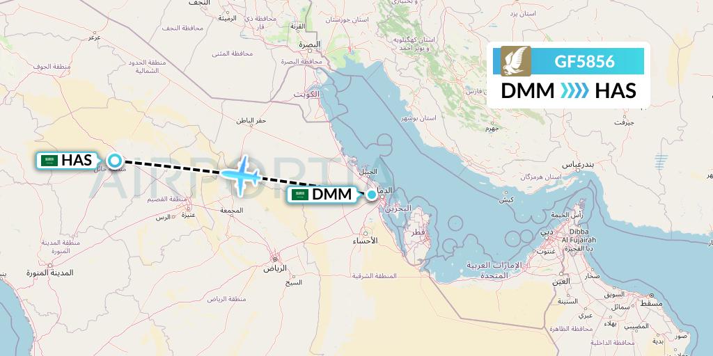 GF5856 Gulf Air Flight Map: Dammam to Ha'il