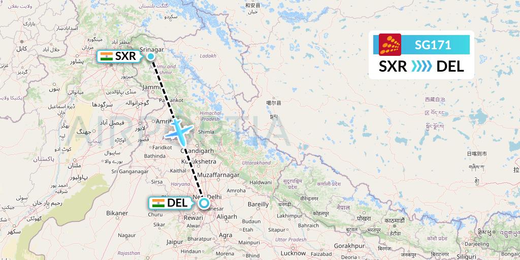 SG171 SpiceJet Flight Map: Srinagar to Delhi