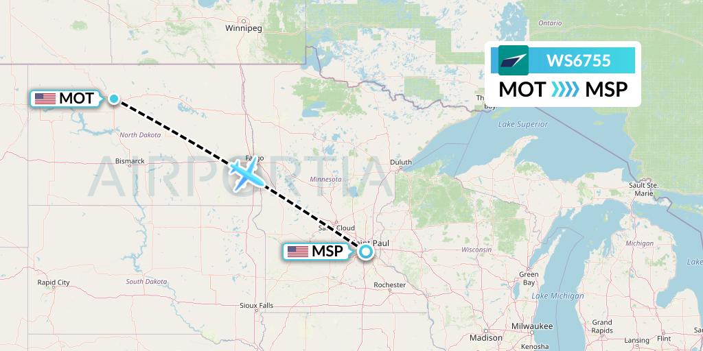 WS6755 WestJet Flight Map: Minot to Minneapolis