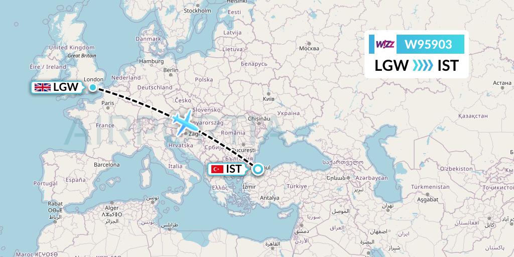 W95903 Wizz Air UK Flight Map: London to Istanbul