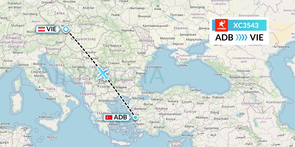 XC3543 Corendon Airlines Flight Map: Izmir to Vienna