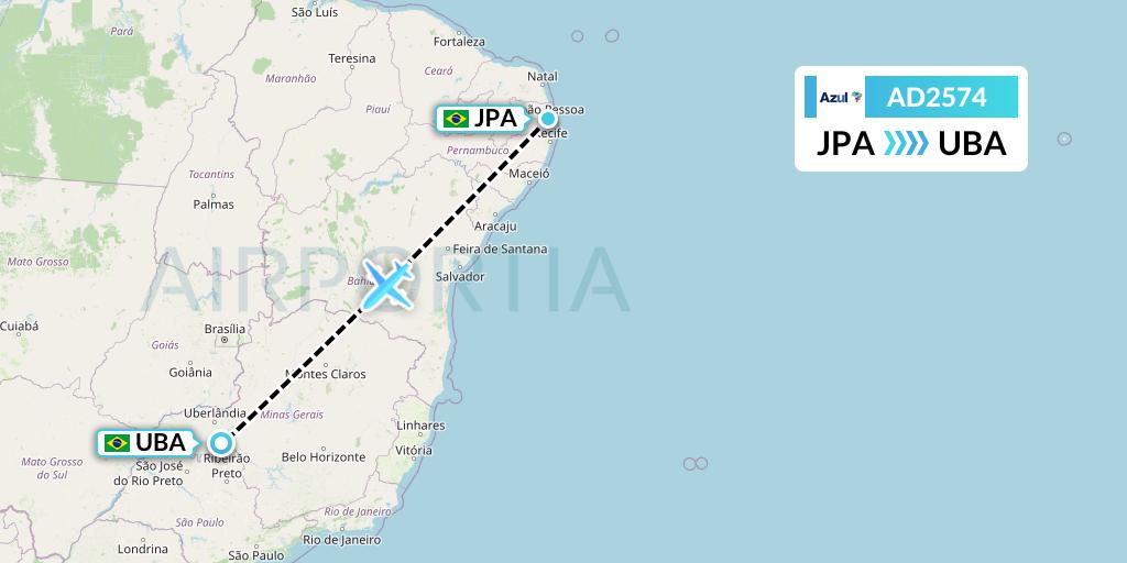 AD2574 Azul Brazilian Airlines Flight Map: Joao Pessoa to Uberaba