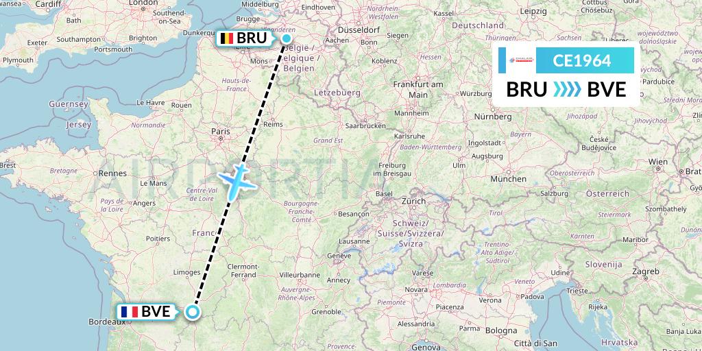 CE1964 Chalair Aviation Flight Map: Brussels to Brive