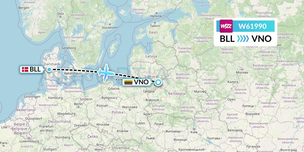 W61990 Wizz Air Flight Map: Billund to Vilnius