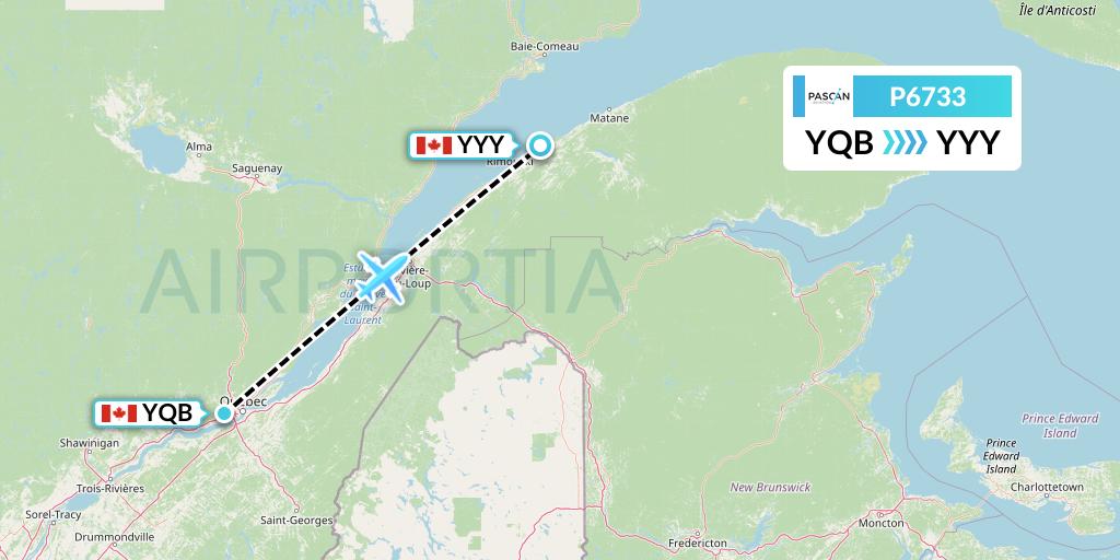 P6733 Pascan Aviation Flight Map: Quebec to Mont-Joli