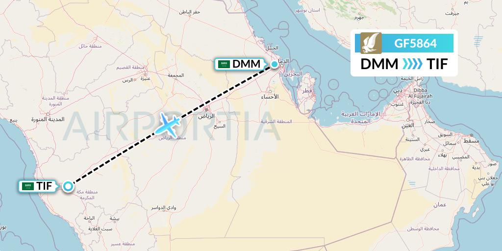 GF5864 Gulf Air Flight Map: Dammam to Taif