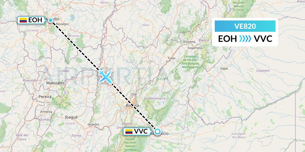 VE820 Easyfly Flight Map: Medellin to Villavicencio