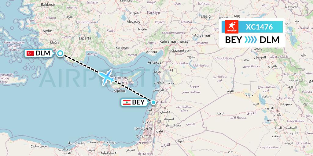 XC1476 Corendon Airlines Flight Map: Beirut to Dalaman