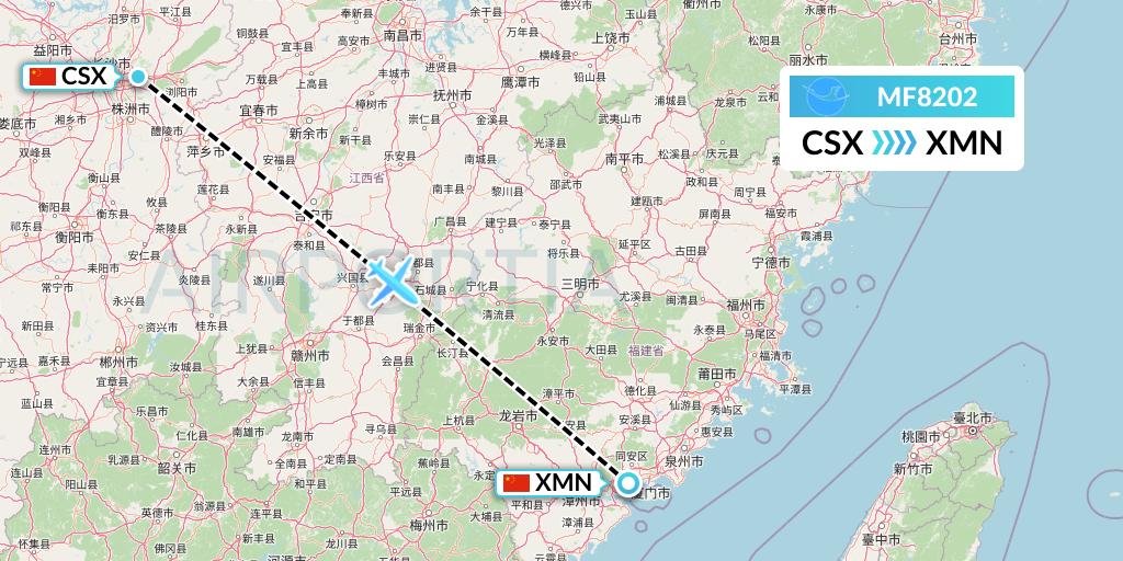 MF8202 Xiamen Airlines Flight Map: Changsha to Xiamen