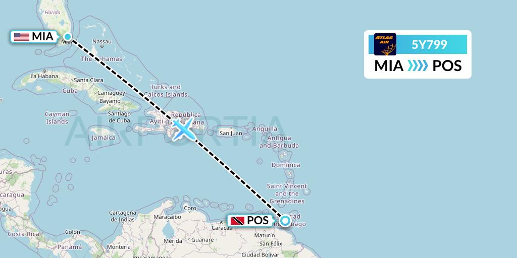 5Y799 Atlas Air Flight Map: Miami to Port of Spain