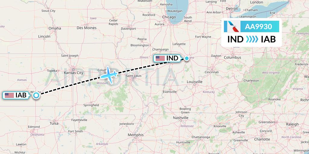 AA9930 American Airlines Flight Map: Indianapolis to Wichita