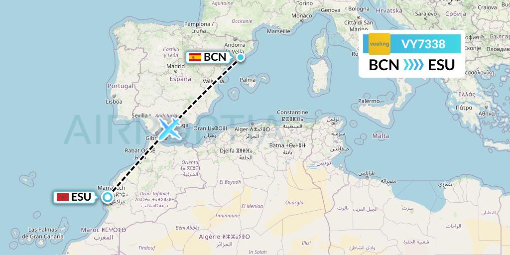 VY7338 Vueling Flight Map: Barcelona to Essaouira