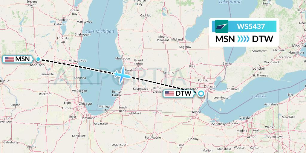 WS5437 WestJet Flight Map: Madison to Detroit