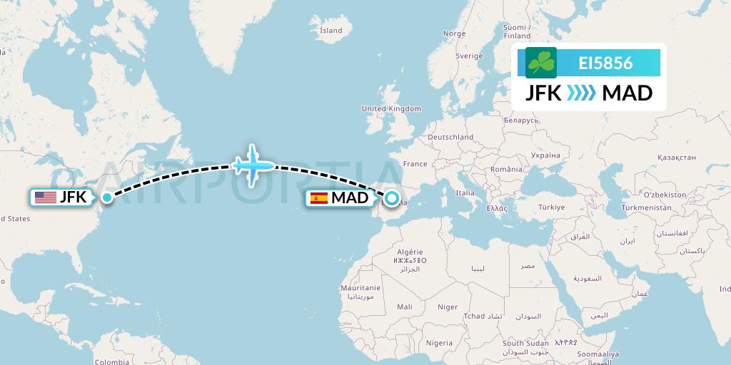 EI5856 Aer Lingus Flight Map: New York to Madrid