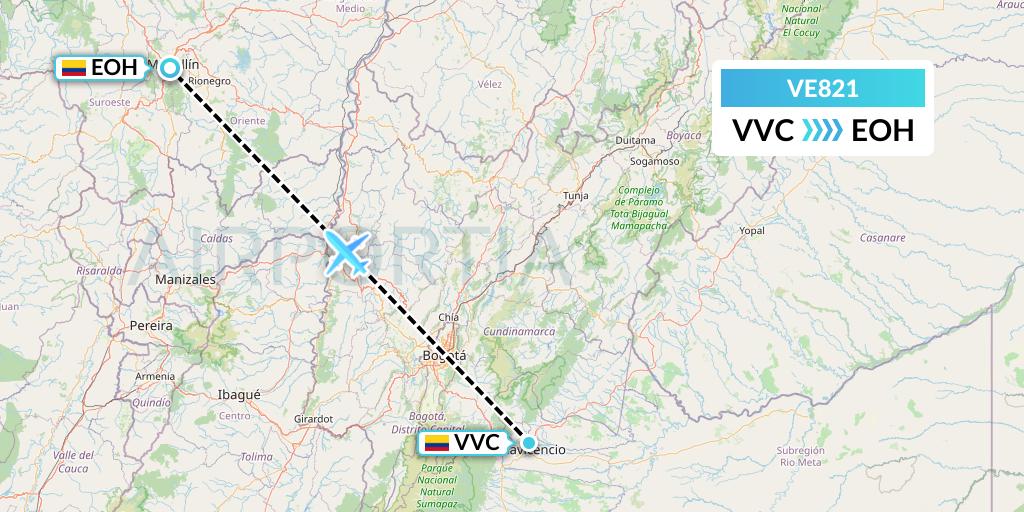 VE821 Easyfly Flight Map: Villavicencio to Medellin