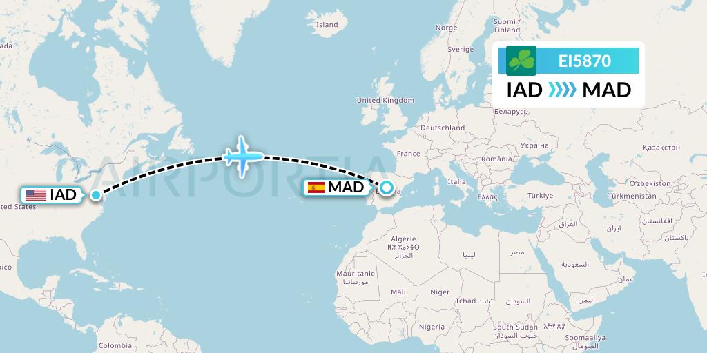 EI5870 Aer Lingus Flight Map: Washington to Madrid