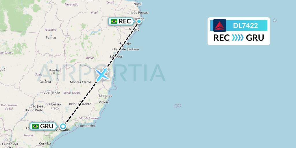 DL7422 Delta Air Lines Flight Map: Recife to Sao Paulo