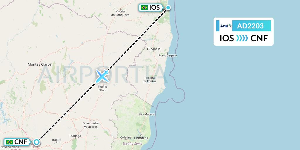 AD2203 Azul Brazilian Airlines Flight Map: Ilheus to Belo Horizonte