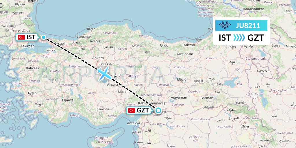 JU8211 AirSERBIA Flight Map: Istanbul to Gaziantep