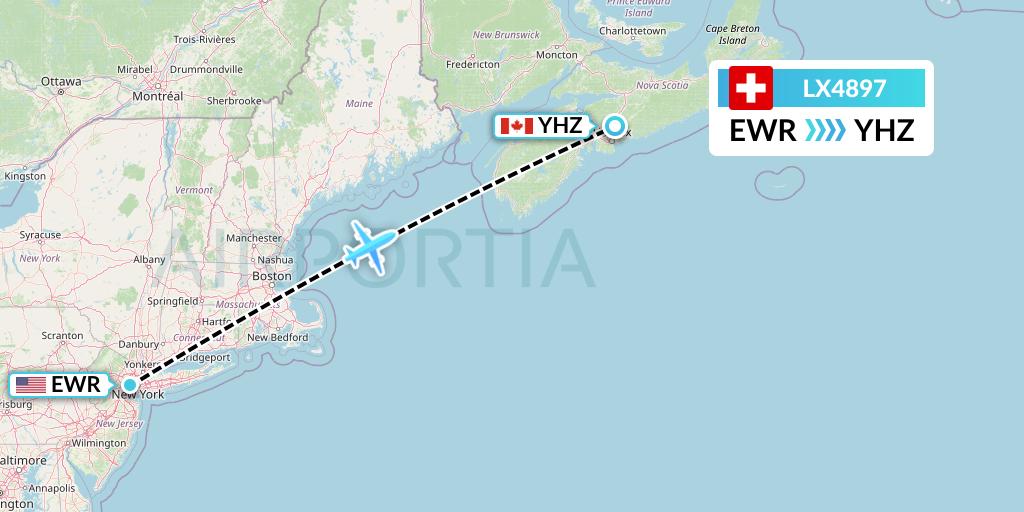 LX4897 Swiss Flight Map: New York to Halifax