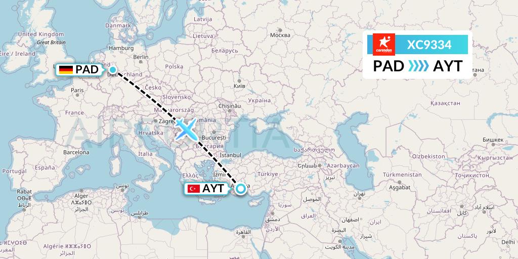 XC9334 Corendon Airlines Flight Map: Paderborn to Antalya
