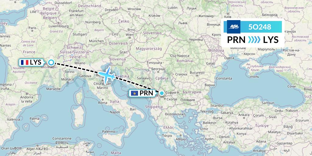 5O248 ASL Airlines France Flight Map: Pristina to Lyon
