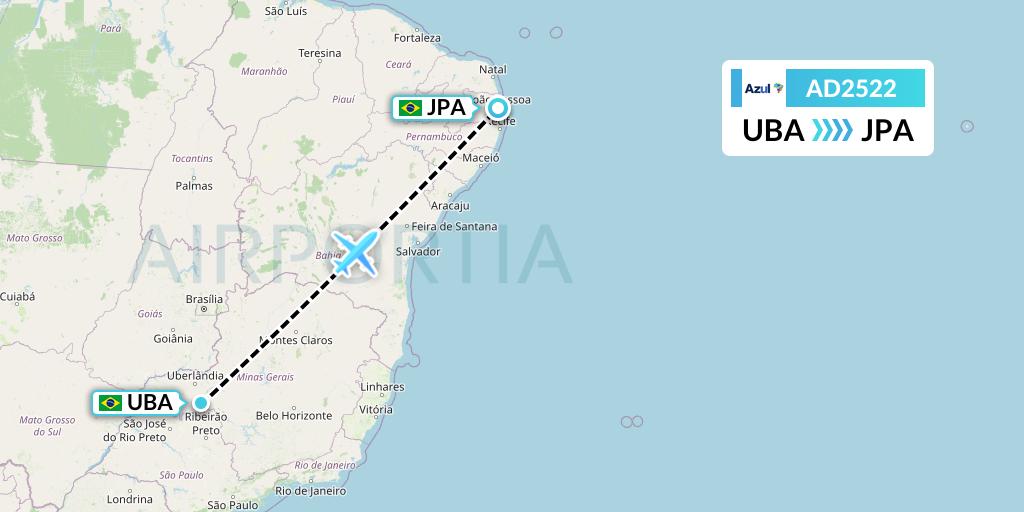 AD2522 Azul Brazilian Airlines Flight Map: Uberaba to Joao Pessoa