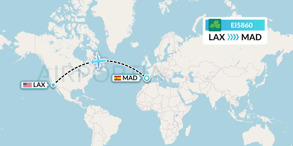 EI5860 Aer Lingus Flight Map: Los Angeles to Madrid